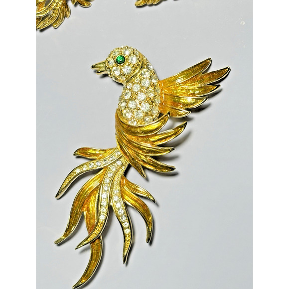 Vtg Set 3, Bird of Paradise Lg 3" Enamel Rhinestone Chrystal Pin Brooch/Earrings - Picture 14 of 16